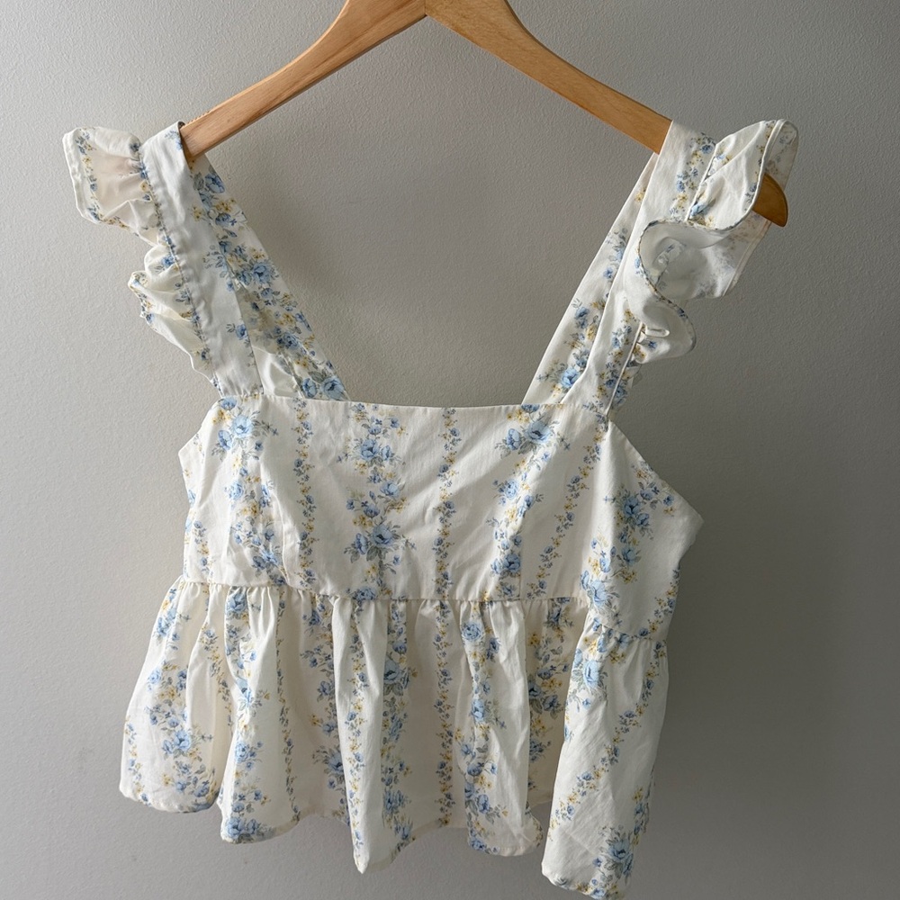 Altar'd State White top with Blue Floral Accents